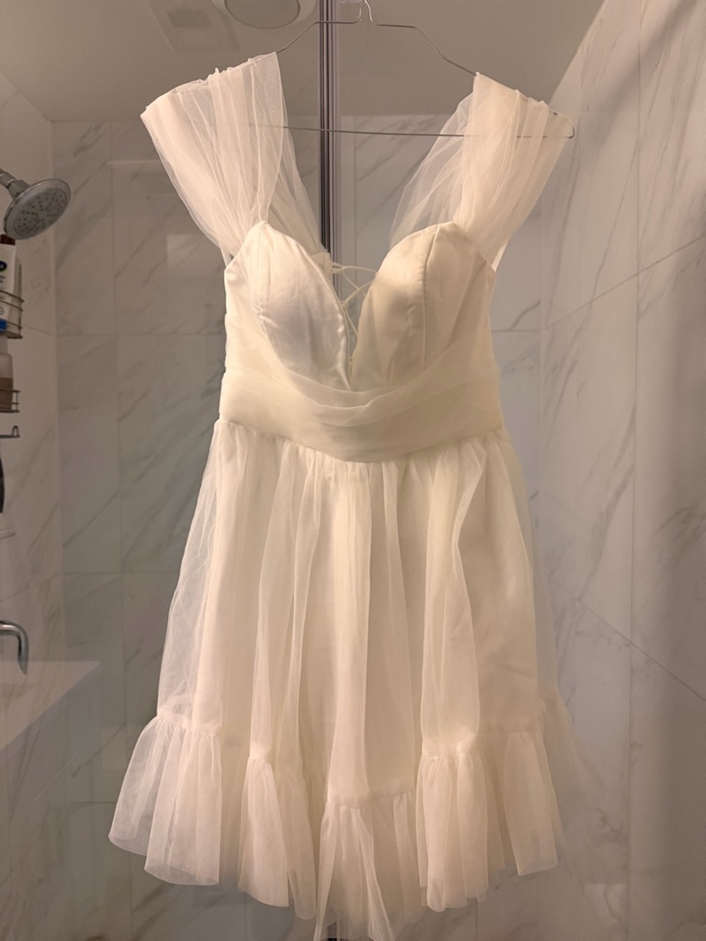 Selfie Leslie White Lace-Up Tulle Mini Dress
